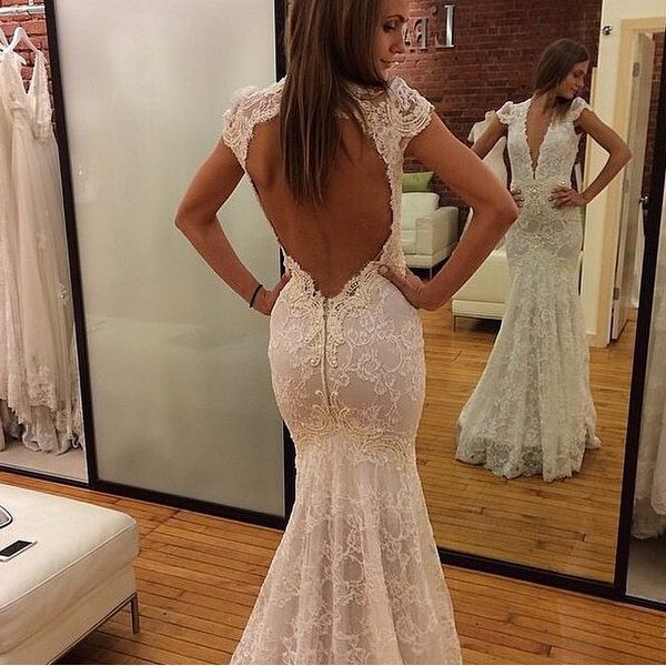 

design fashion lace applique deep v-neck cap sleeve mermaid vintage wedding dresses backless bridal gowns plus size vestidos vintage, White