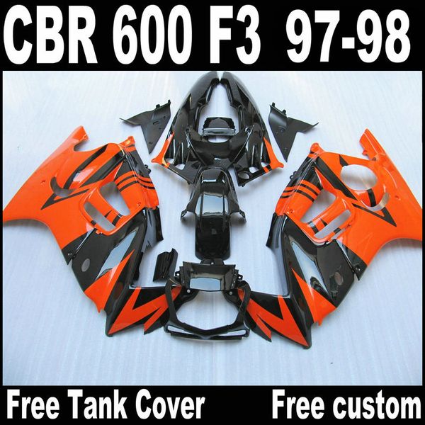 Vollständig passend für HONDA F3 Verkleidungen CBR600 1997 1998 CBR 600 97 98 Orange Schwarz Verkleidungskörper-Kit QY69