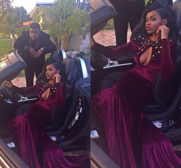 

crystals beaded burgundy prom dresses with long sleeve open front velvet mermaid evening gowns custom made formal party dresses 2016, Black;red
