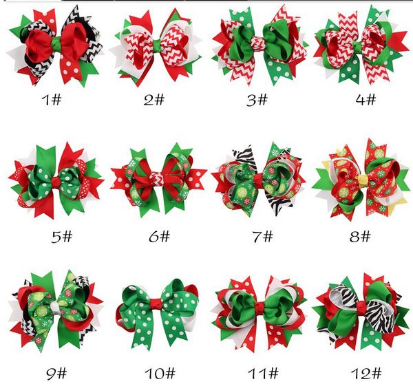 

12 designs christmas baby girls hair clips ribbon bow hairpins x-mas zebra striped dots snow flowers children kids barrettes, Slivery;white