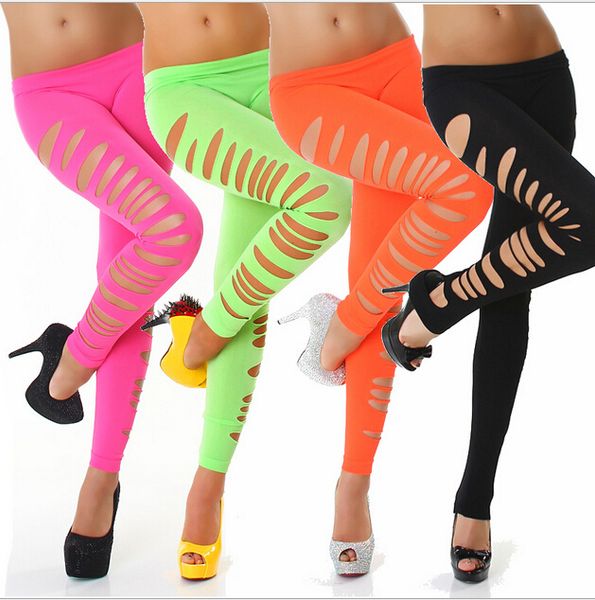 

candy color solid color hollow out club pants tight stretchy side ripped cutting-out ankle length leggings drop ship available, Black
