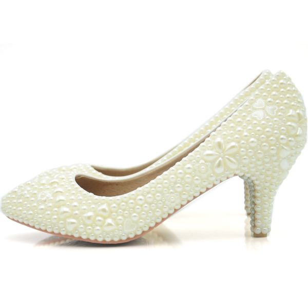 Custom Made Simple Pearl Wedding Dress Shoes Ivory Color Middle