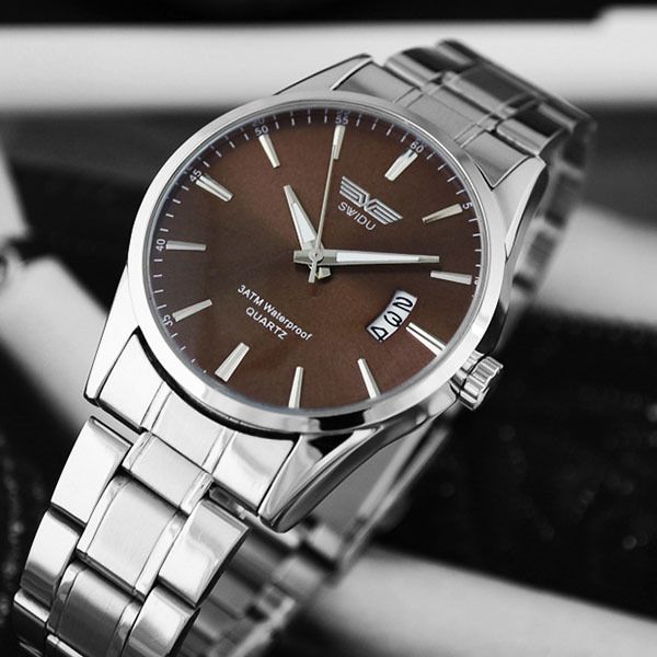 

wrist watch stainless band analog date sliver quartz hq mens sport super steel dfppr, Slivery;brown