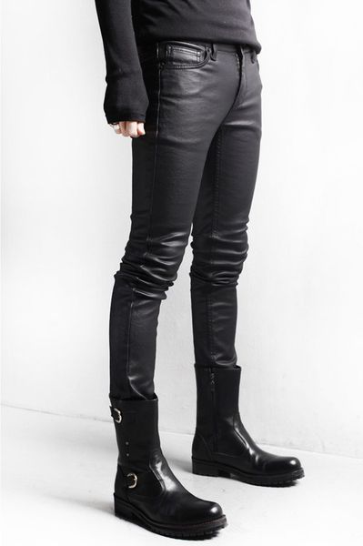 

wholesale-2015 men's cool black skinny coated jeans motor biker party pants trousers