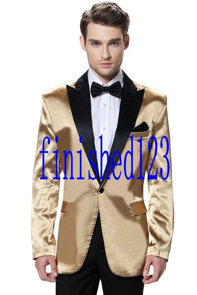 Custom Made Bir Düğme Altın Damat Smokin Tepe Yaka Groomsmen Mens Gelinlik Balo Suits (Ceket + Pantolon + Kuşak + Kravat) AA1568