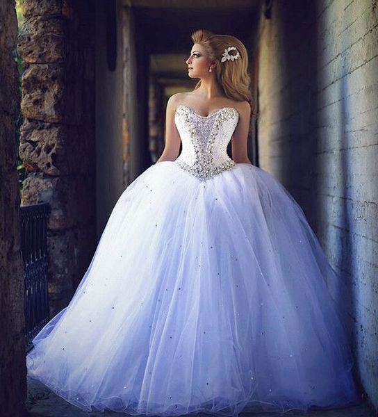 

stunning crystal rhinestone arabic ball gown wedding dresses 2016 garden bridal dresses strapless puffy tulle sparking wedding gowns, White