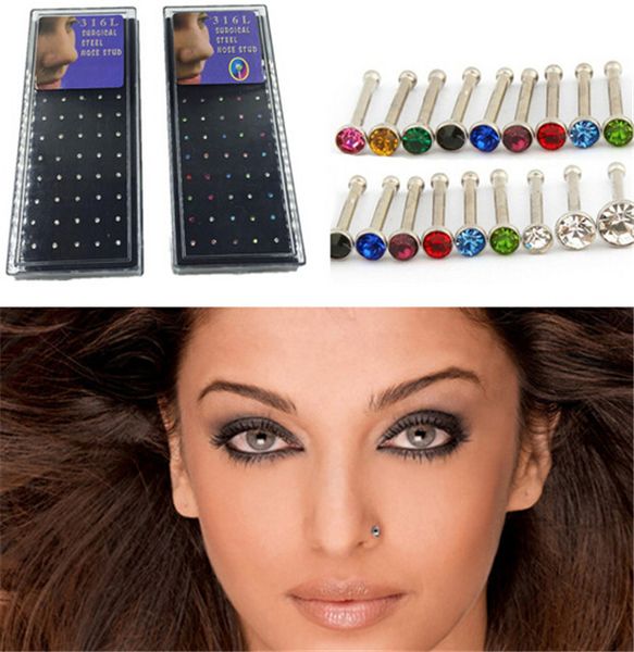 

60pcs colorful nose studs body jewelry shining srystal nose rings 316l stainless steel women men fashion accessories k015, Silver