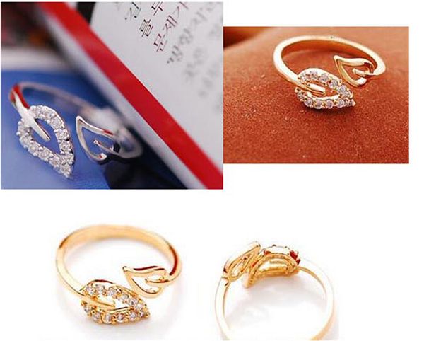

gold and silver women gifts leave rings with crystal beaded shiny fashion opening adjustable jewelry rings