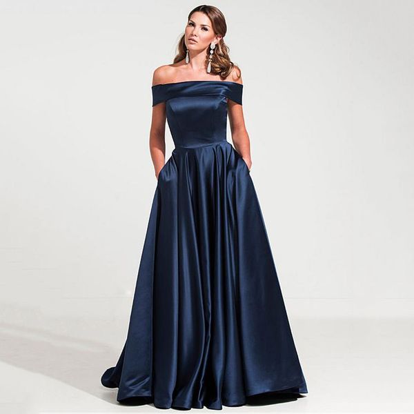 Venda quente Bateau Long Neck Azul Marinho Vestidos de Baile Robe de Soirée Simples Prom Vestidos de Festa Formal Vestidos de Noite Plus Size