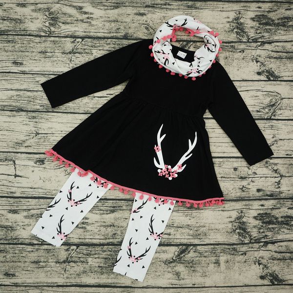 

baby girls clothing sets christmas deer long sleeve tassel dress + printed pants+neckerchief 3pcs sets cartoon plum blossom outfits, White