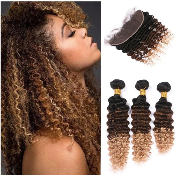 

ombre 1b 4 27 honey blonde deep wave virgin brazilian human hair bundles with lace frontal closure three tone ombre curly hair wefts, Black;brown