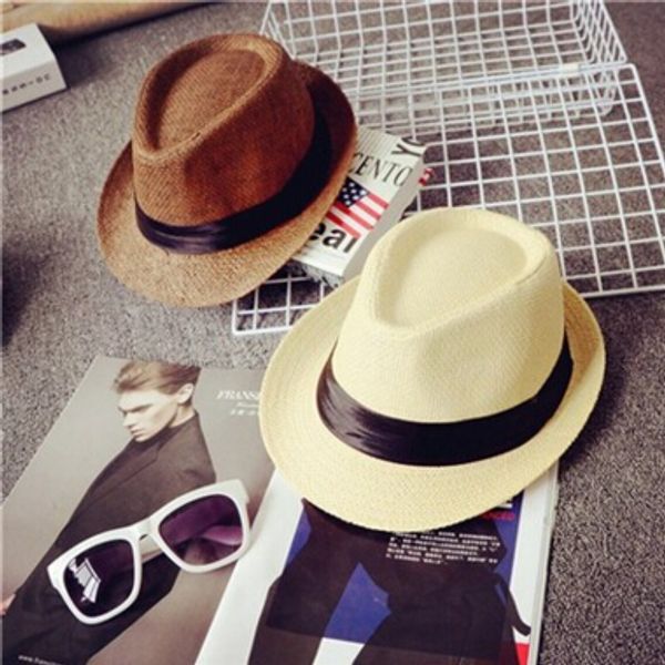 

men women hat kids children straw hats cap soft fedora panama belt hats outdoor stingy brim caps spring summer beach hat, Blue;gray