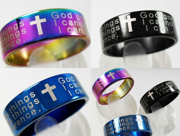 25pcs Color Mix Serenity Prayer Croce in acciaio inossidabile anelli Uomo Donna Fashion Rings Lotti di gioielli religiosi Gesù all'ingrosso