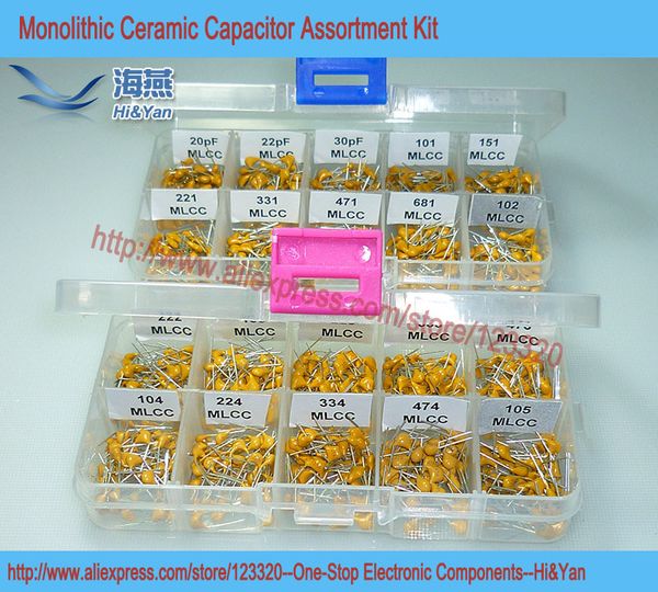 

wholesale-1000pcs/lot leaded multilayer monolithic ceramic capacitor 20pf~1uf assortment kit, 20 values each 50pcs 030219