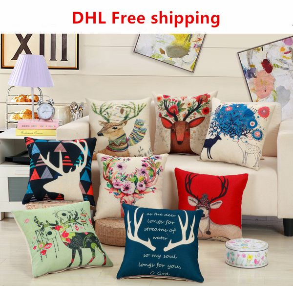 Retro Christmas Deer Printed Cotton Pillowcase Home Decoration