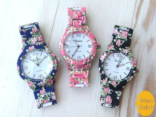 Regalo di Natale 2015 Nuovo fiore di moda stampato orologio in acciaio inossidabile orologio di Ginevra per le donne vestito orologio orologi al quarzo 1 pezzo