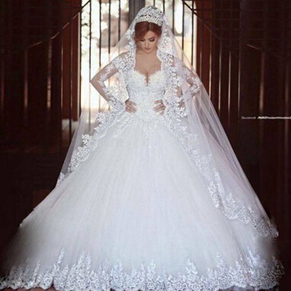 

gorgeous princess long sleeves wedding dresses a line ball gown illusion lace appliqued back soft tulle bridal gowns custom made, White