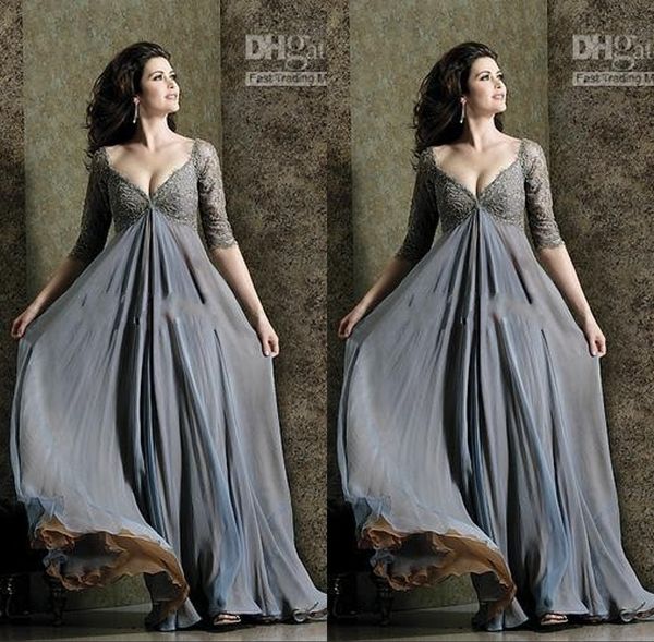 Grey Lace Chiffon Evening Dresses Deep V Neck Half Sleeves Open Backs