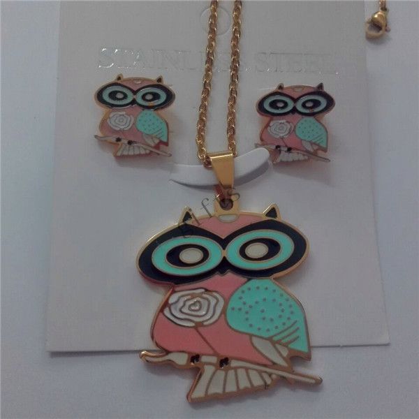 

multi-tone stainless steel owl pendant earrings jewelry set, Silver