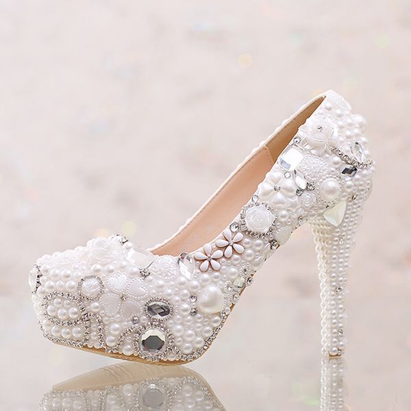 Yaz Peep Toe Beyaz İnci Ayakkabı Düğün Gelin 14cm Yüksek Topuklu Platform Kristal Gelin Ayakkabıları El Yapımı Parti Pompaları234G