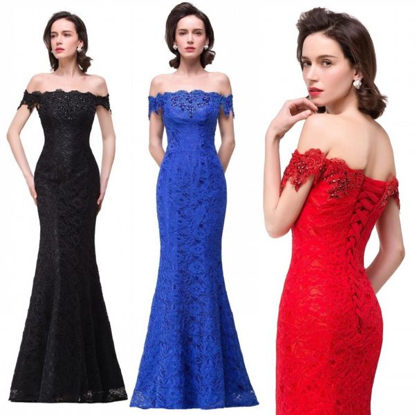 Sexy Fora Do Ombro Preto Vermelho Azul Royal Da Dama de Honra Vestidos de Sereia Do Laço Frisado Lace-up Voltar Long Evening Prom Vestidos de Festa BZP0858