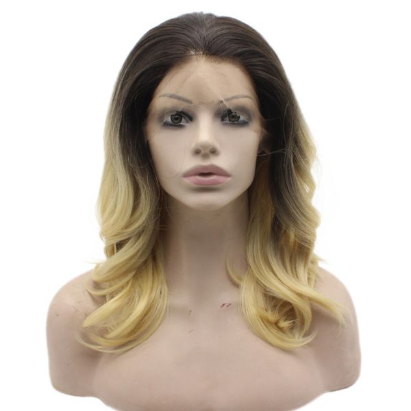 Medium Long Wavy Ombre Blonde Glueless Lace Front Synthetic
