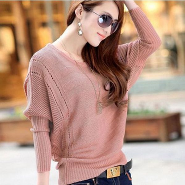 

wholesale- korean style spring and autumn hollow long-sleeved crew neck batwing shirts ladies loose thin sweater, White;black