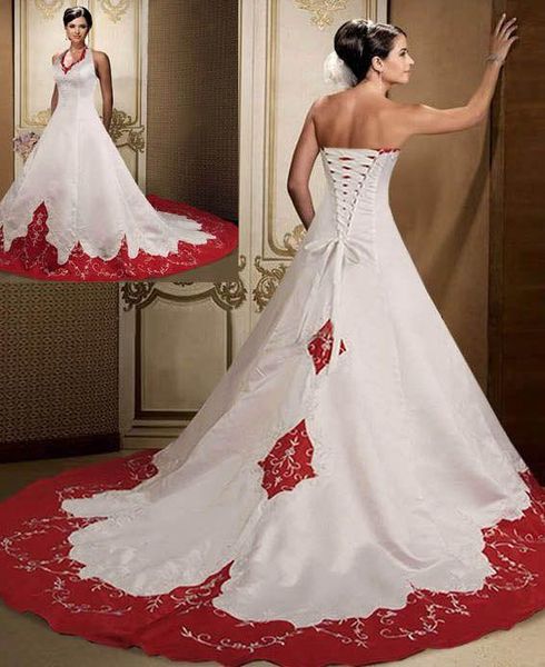 

2016 vintage gothic red and white halter applique sweep train stain wedding dresses vestido de noiva lace-up back bridal gowns custom made