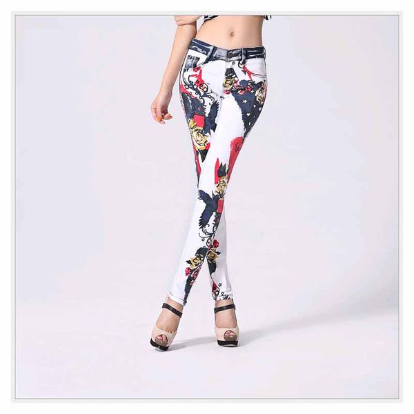 

fashion printing jeans woman casual pencil pants girl washed person pattern skinny long women jeans capris, Blue