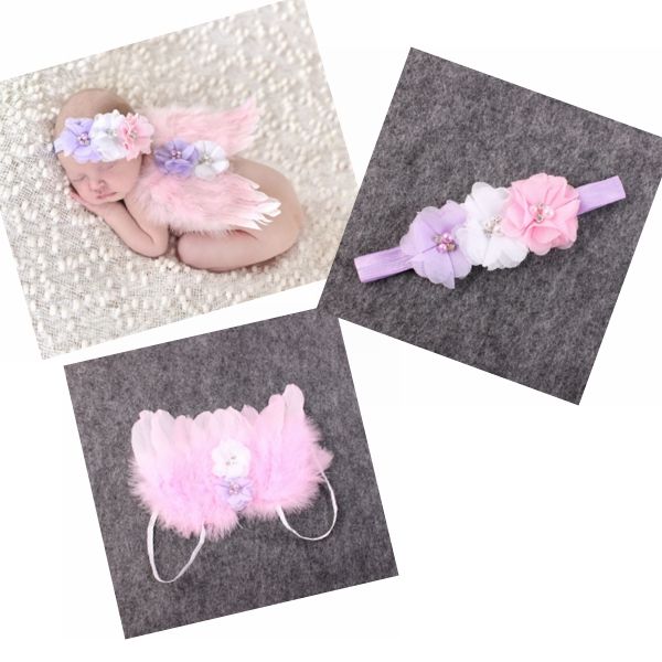 Baby Angel Wing + Fascia per fiori in chiffon Fotografia Puntelli Set neonato Pretty Angel Fairy Piume rosa Wing Costume Photo Prop YM6101