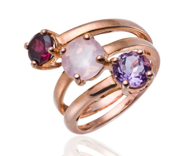 

wholesale-rose gold over silver ring classic 3-stone rose quartz, amethyst, garnet gemstone fine jewelry