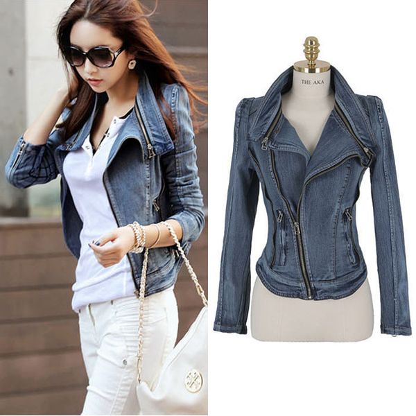 

wholesale- vintage side zipper slim women basic coats 2017 new spring long sleeve plus size turn-down collar denim jacket female jeans coat, Black;brown
