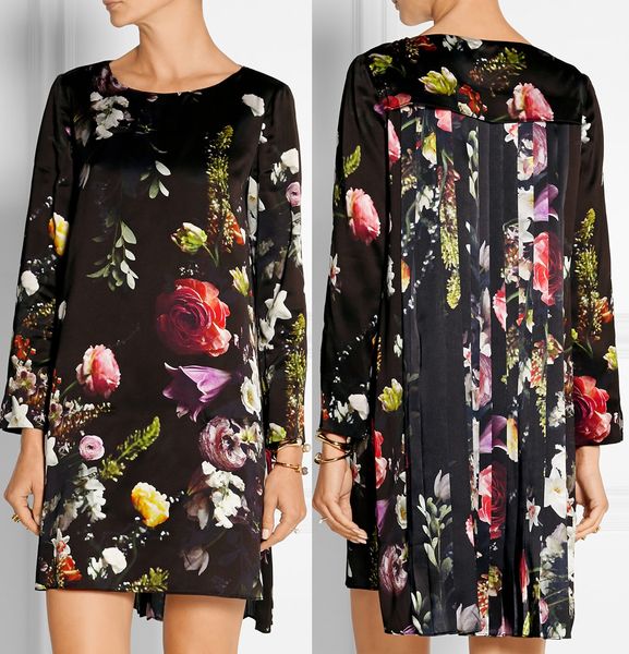 Flor Moda Imprimir Mulheres assimétrico vestido elegante manga comprida plissadas Vestidos 15108110