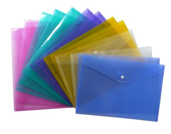 Cartelle con bottoni trasparenti Borsa per archivio in plastica PP Multi colori Tasca per file impermeabile Archiviazione per archiviazione Cancelleria per studenti SN2649