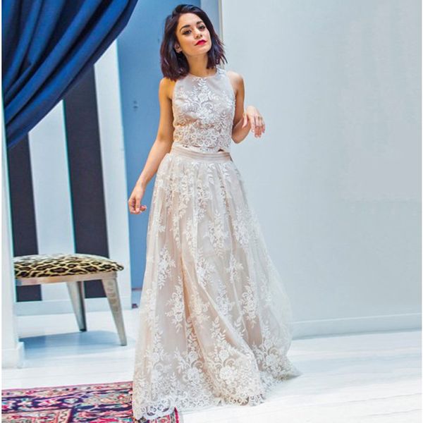 

new two piece a-line scoop neck ivory tulle with appliques lace floor-length graceful prom party dresses, Black