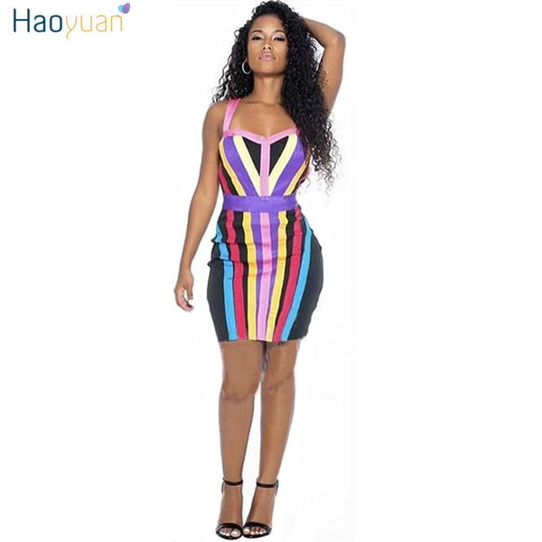 

haoyuan women summer dress night club vestido v collar bandage striped dresses backless spaghetti strap tight bodycon dress q1110, Black;gray