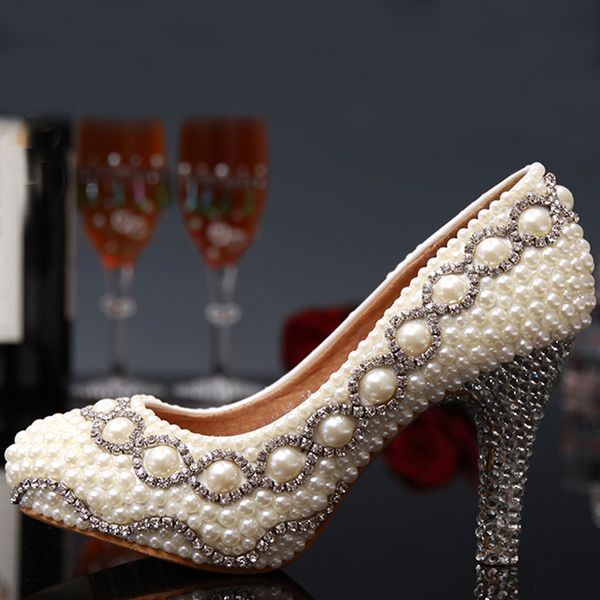 

handmade white color wedding dress shoes bridal shoes gorgeous super high heel shoes imitation pearl rhinestone shoes, Black