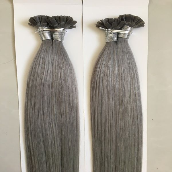 Gray And Grey Color Keratin Fusion Flat Tip Hair Extensions Human