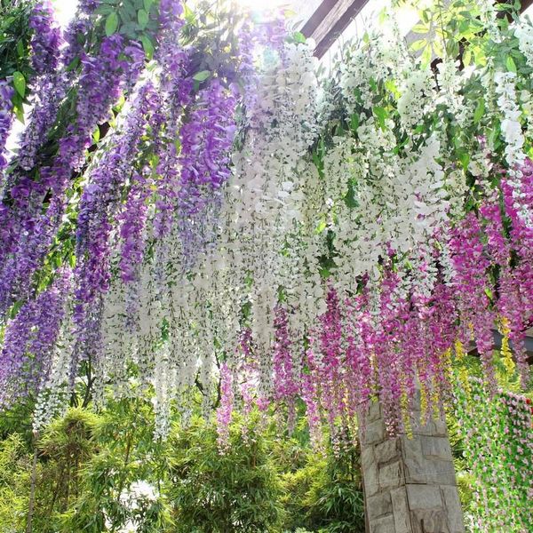 Fiore di seta artificiale Wisteria Vine Rattan per centrotavola di nozze Decorazioni per feste Fiori decorativi Ghirlande a buon mercato Disponibile 2015