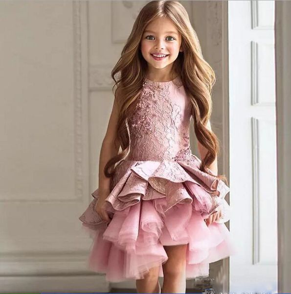 

2018 pretty pink lace flower girls dresses long sleeves communion dress high low pageant gowns for little girls, White;red