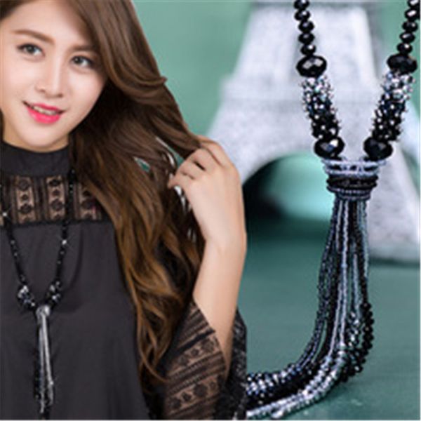 

new fashion crystal long necklace for women tassel pendant necklace beads chain jewelry tassel chain choker for women 1pc sold, Silver