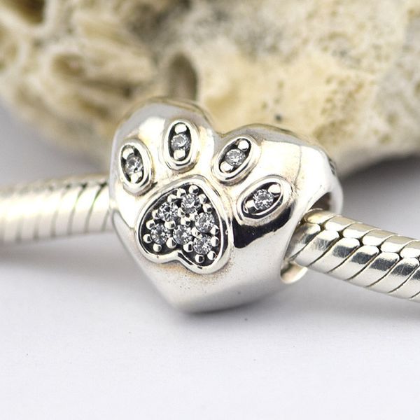 

925 sterling silver heart paw charm beads with cubic zirconia fits pandora diy fine jewelry bracelets & necklaces