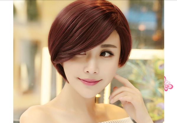 The New Wine Red Colourful Oblique Bangs Repair Face Fluffy Wig
