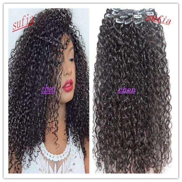 

new style mongolian virgin jerry curly hair weft clip in hair extensions unprocessed curly natural black color human extensions can be dyed, Black;brown