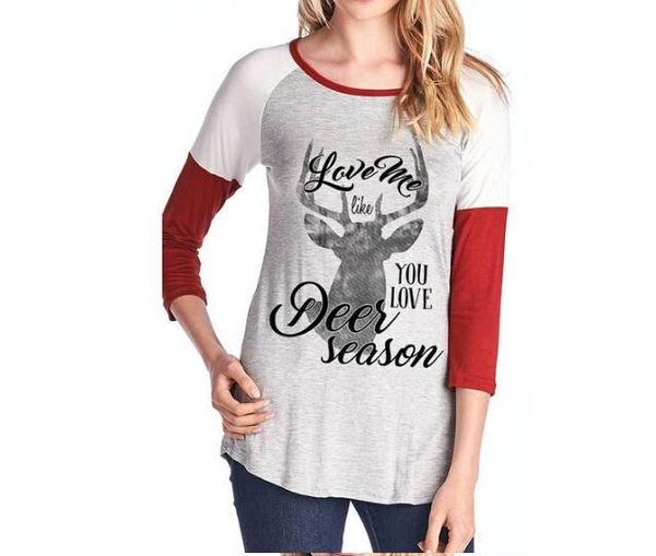 

праздник топы женщины рождество мода письма олень печатных любовь футболки с длинными рукавами цвета лоскутное тройники, White