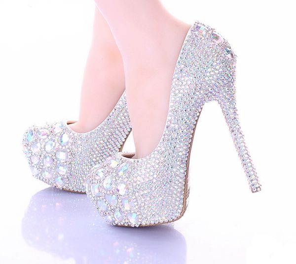 

10/12/14cm stiletto heel wedding shoes luxury sparkly ab crystal bride formal dress shoes platform rhinestone party prom heels, Black