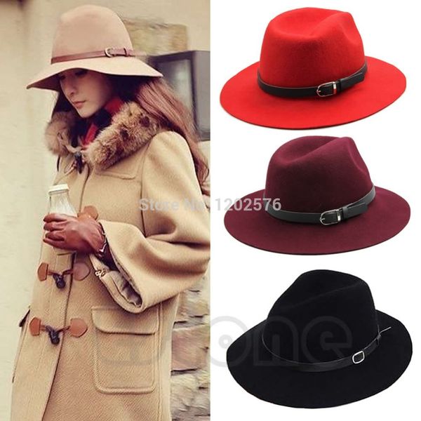 

women wool cap winter warm wide brim buckle cowboy hat, Blue;gray