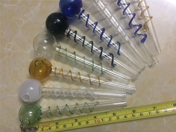 14 cm de comprimento 30mm bola de vidro cachimbo tubo de tabaco de vidro da mão com queimadores de óleo em espiral coloridos tubo de bongo de vidro pequenas canalizações de água portátil