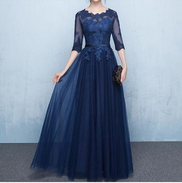 

elegant navy blue mother of the bride dresses half sleeves sheer with applique lace-up back floor length party dress royal blue, burgundy, Black;red