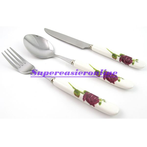 Wholesale-Stainless Steel Fork & Spoon & Knife White Ceramic Handle Flower Design 3in1 Dinnerware Pack Flatware Set Cutlery Kit Gift